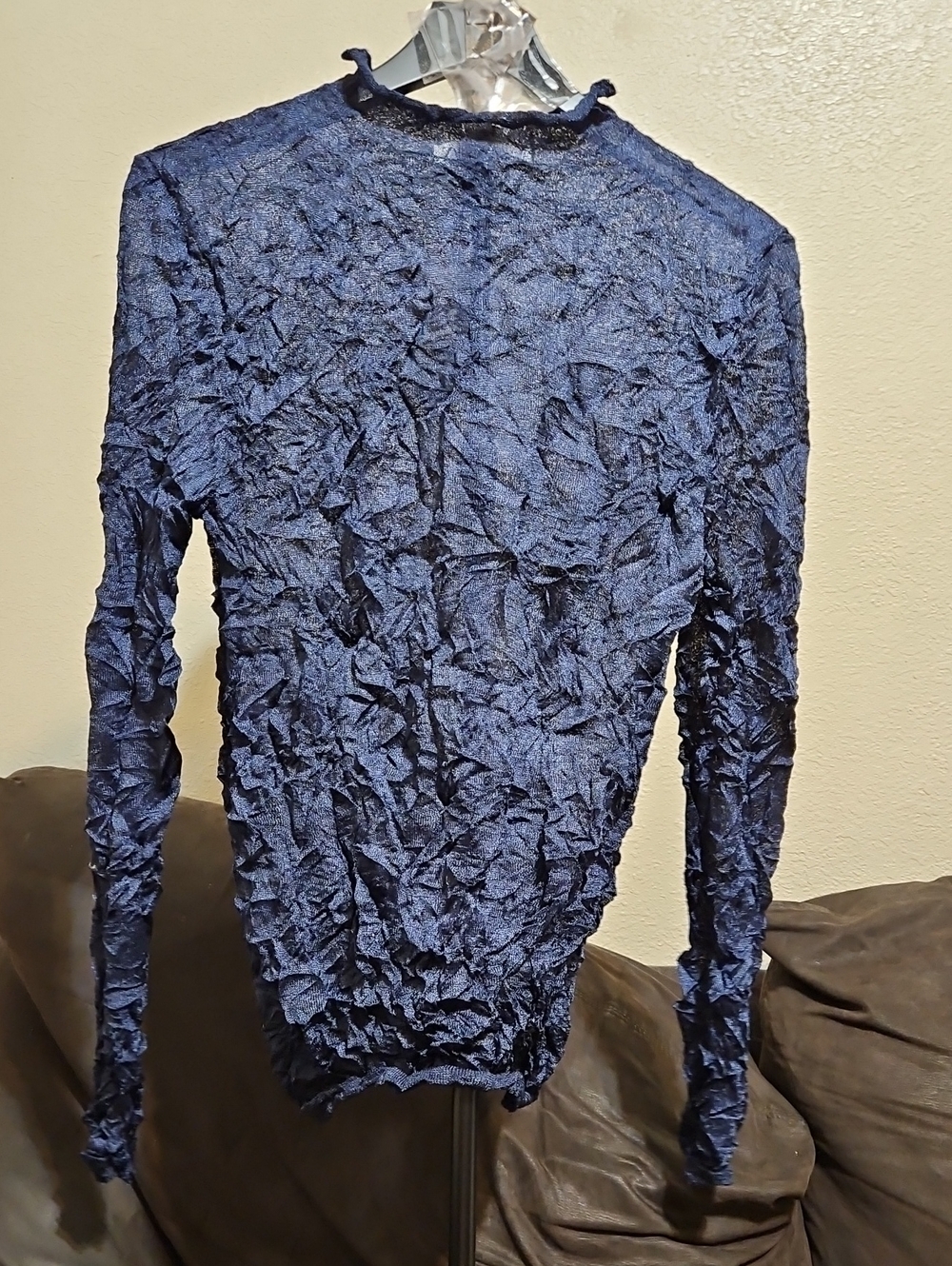 Zara Crinkle Long-Sleeve Top in Navy Blue